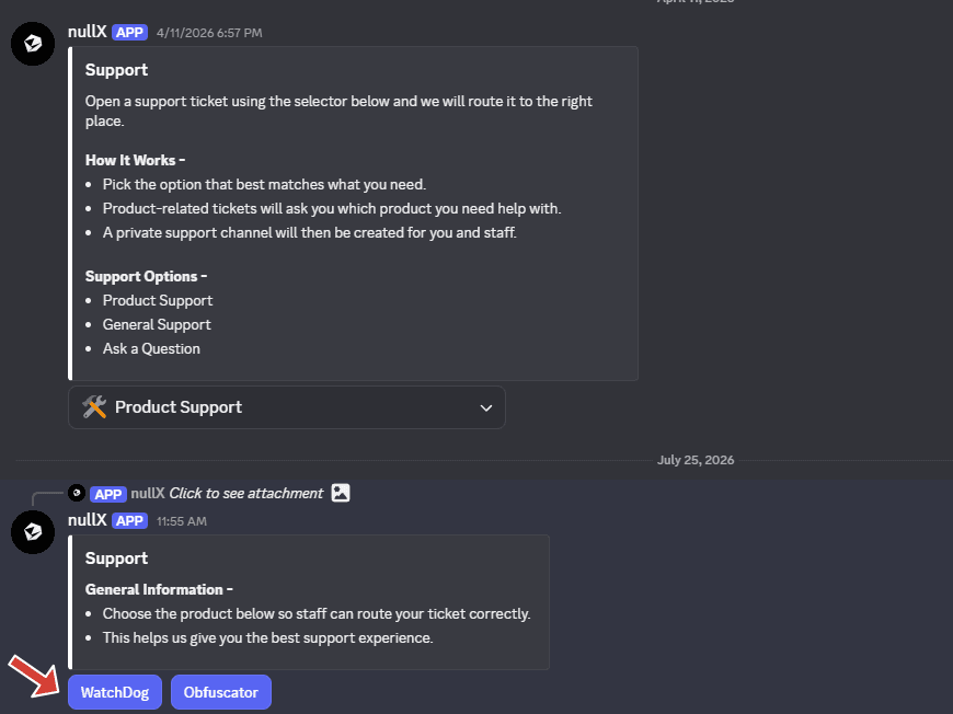 Selecting WATCHDOG from a nullX Product Support ticket